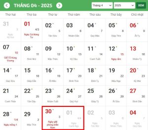 Lịch nghỉ 30-4 và 1-5 năm 2025