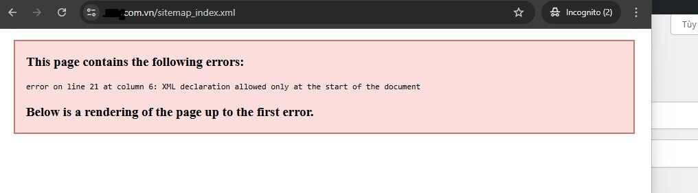 Sửa lỗi sitemap XML declaration allowed only at the start of the document