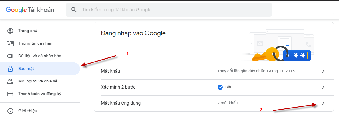 Truy cập lại vào mục Bảo mật chọn Mật khẩu ứng dụng (App Passwords)