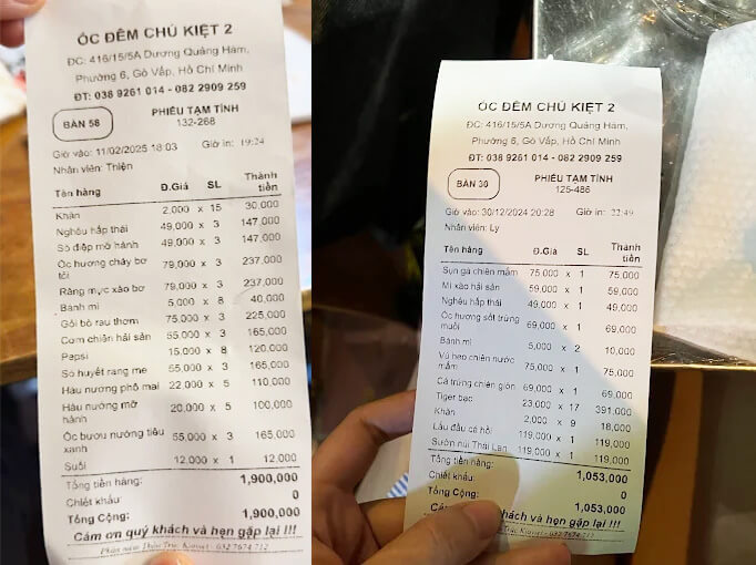 Bill quán ốc đêm chú kiệt