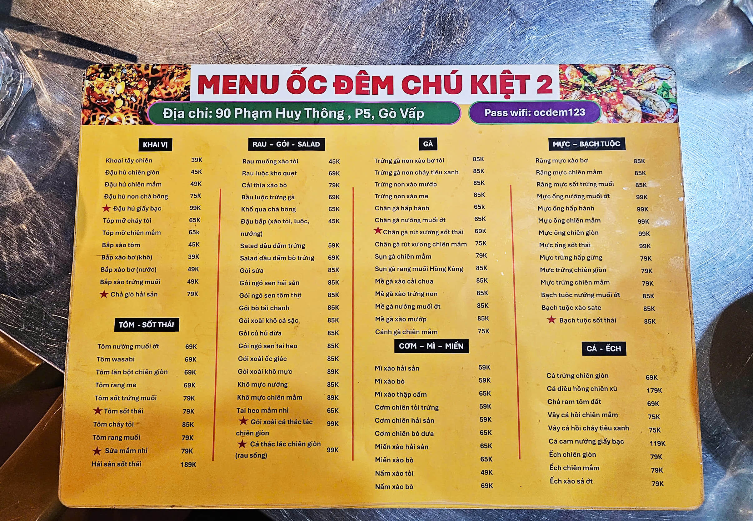 Menu Quán Ốc Chú Kiệt 2