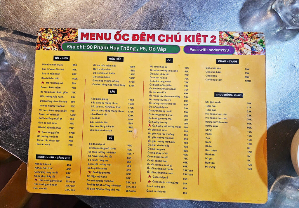 Menu Quán Ốc đêm Chú Kiệt Gò vấp