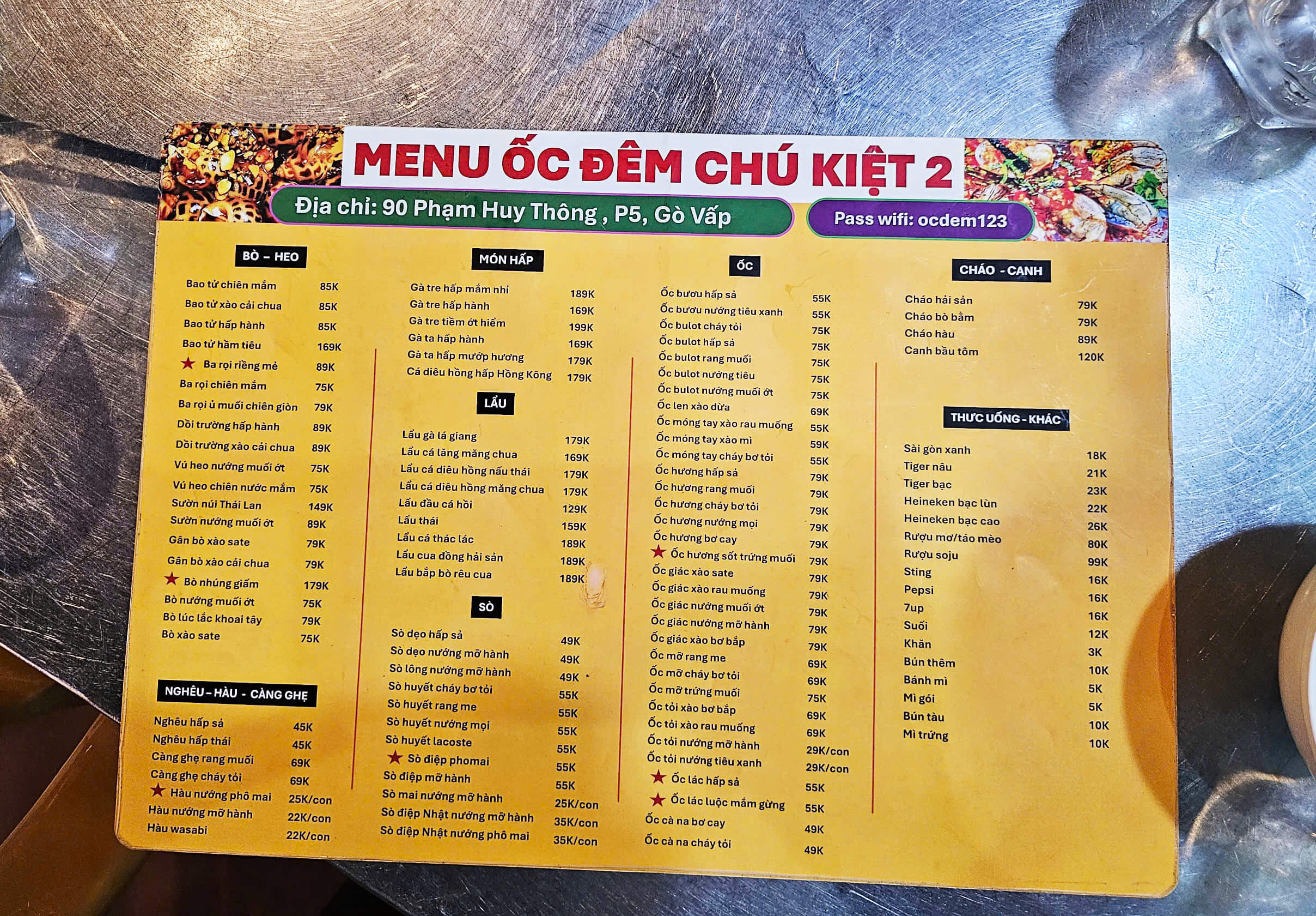 Menu Quán Ốc đêm Chú Kiệt Gò vấp