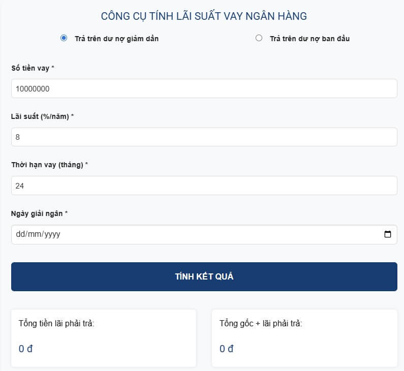 Công cụ tính lãi suất vay ngân hàng