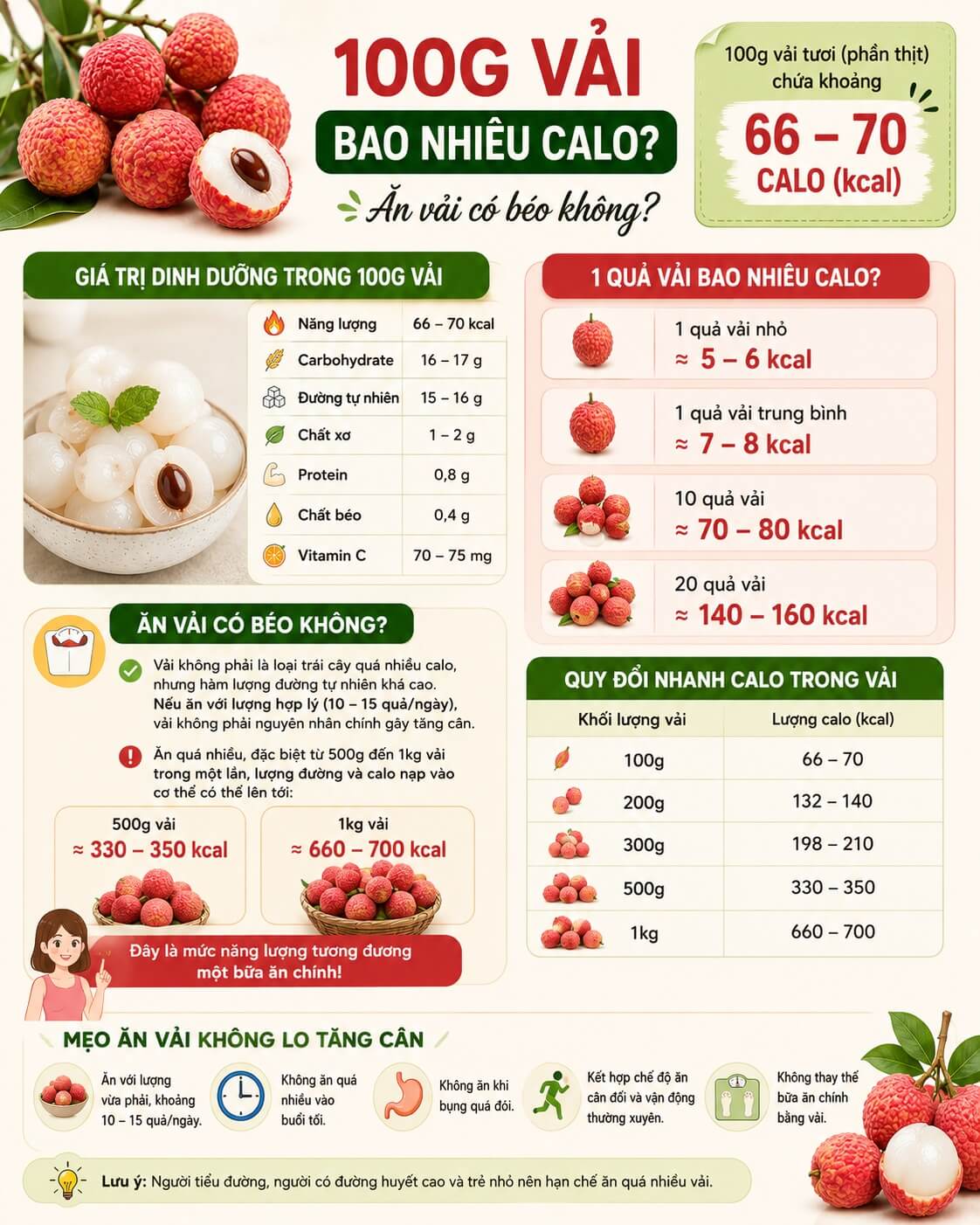 100g vải bao nhiêu calo? Ăn vải có béo không?