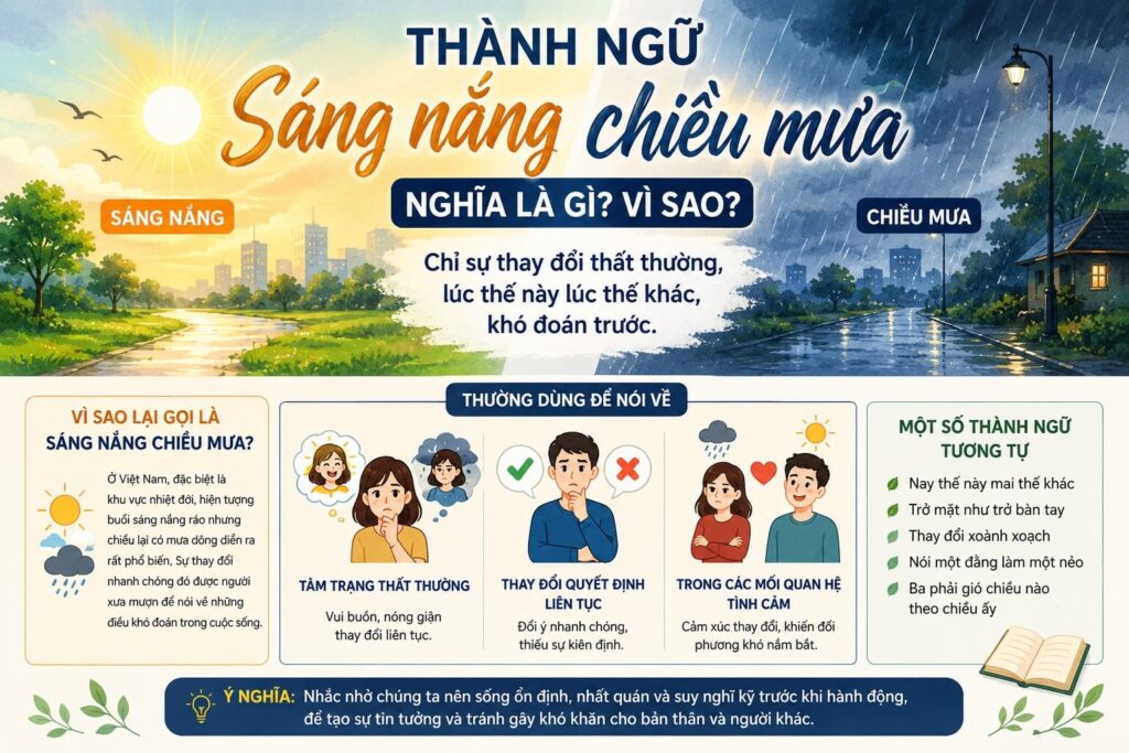 Sáng nắng chiều mưa minh họa thành ngữ chỉ tâm trạng và cảm xúc thay đổi thất thường giữa nắng và mưa